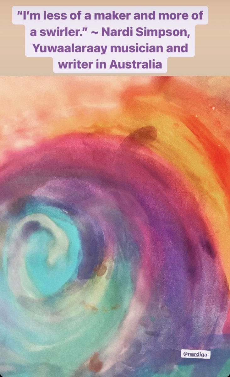 dawn_wink's tweet photo. “I was less of a maker and more of a swirler.” Nardi Simpson, Yuwaalaraay musician/writer, Australia
I listened to @nardiga talk about creating BARRA,a musical and narrative journey into heart of Yuwaalaraay Country. I’m a swirler, too!💞
#barra #nardisimpson #story #Country https://t.co/8co6DPYsz2