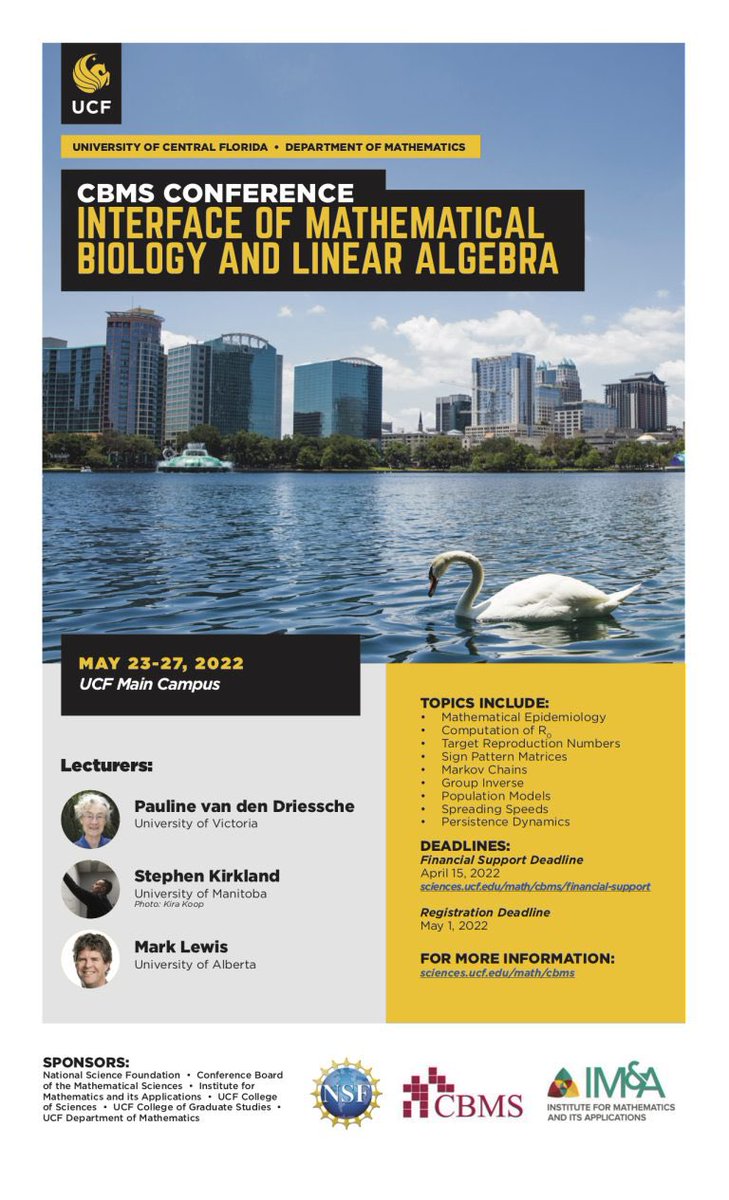 We are thrilled to have 44 external registrants (55 in total) for the upcoming CBMS conference “Interface of Mathematical Biology and Linear Algebra” at #UCF. Today is the last day for the financial support application. Join us in Orlando #thecitybeautiful on May 23-27 if you can