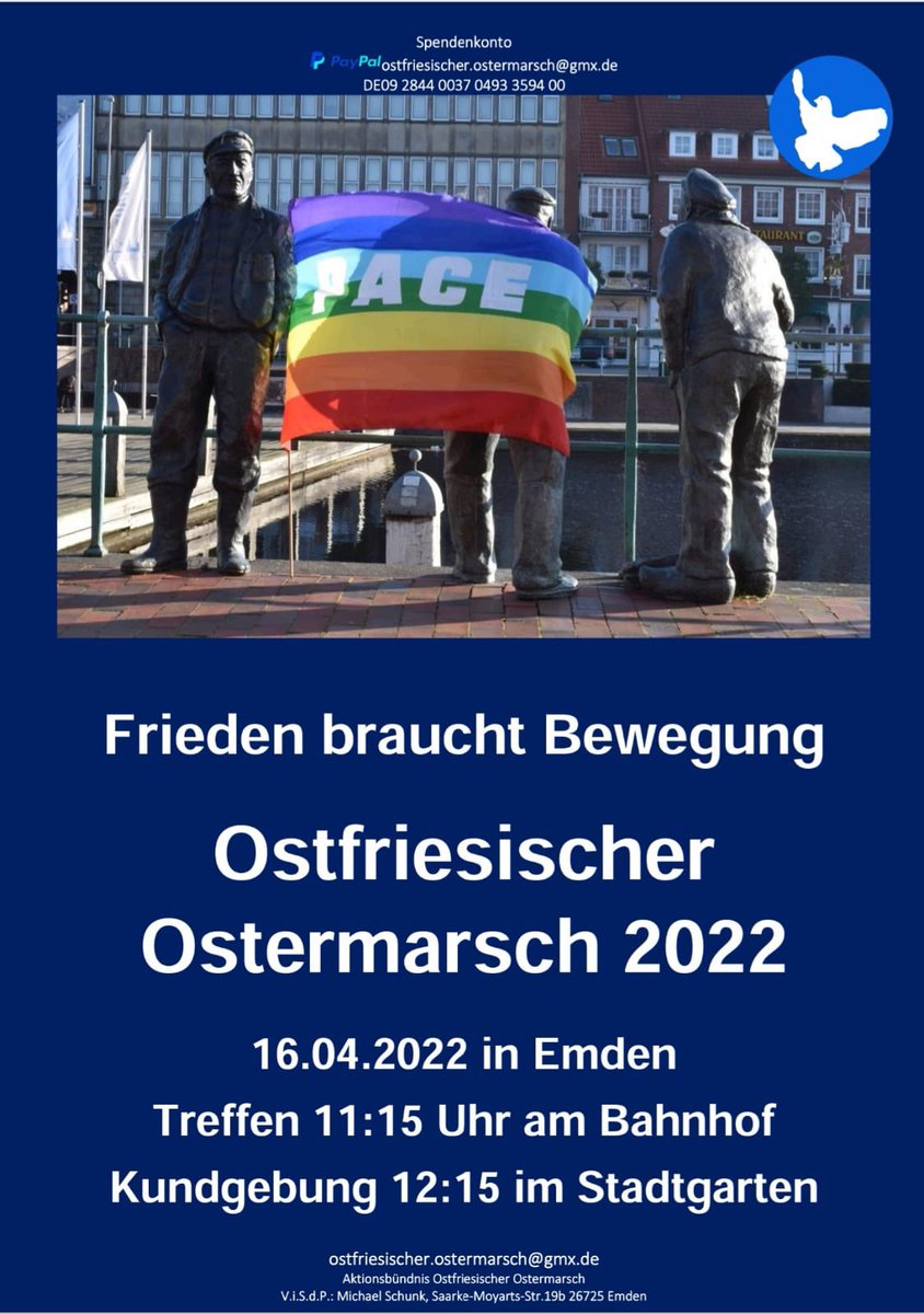 KvEmden's tweet photo. Kommt morgen zum #ostermarsch in #emden!
#Frieden #Ostermärsche #ostfriesland https://t.co/2T6xdujFL4