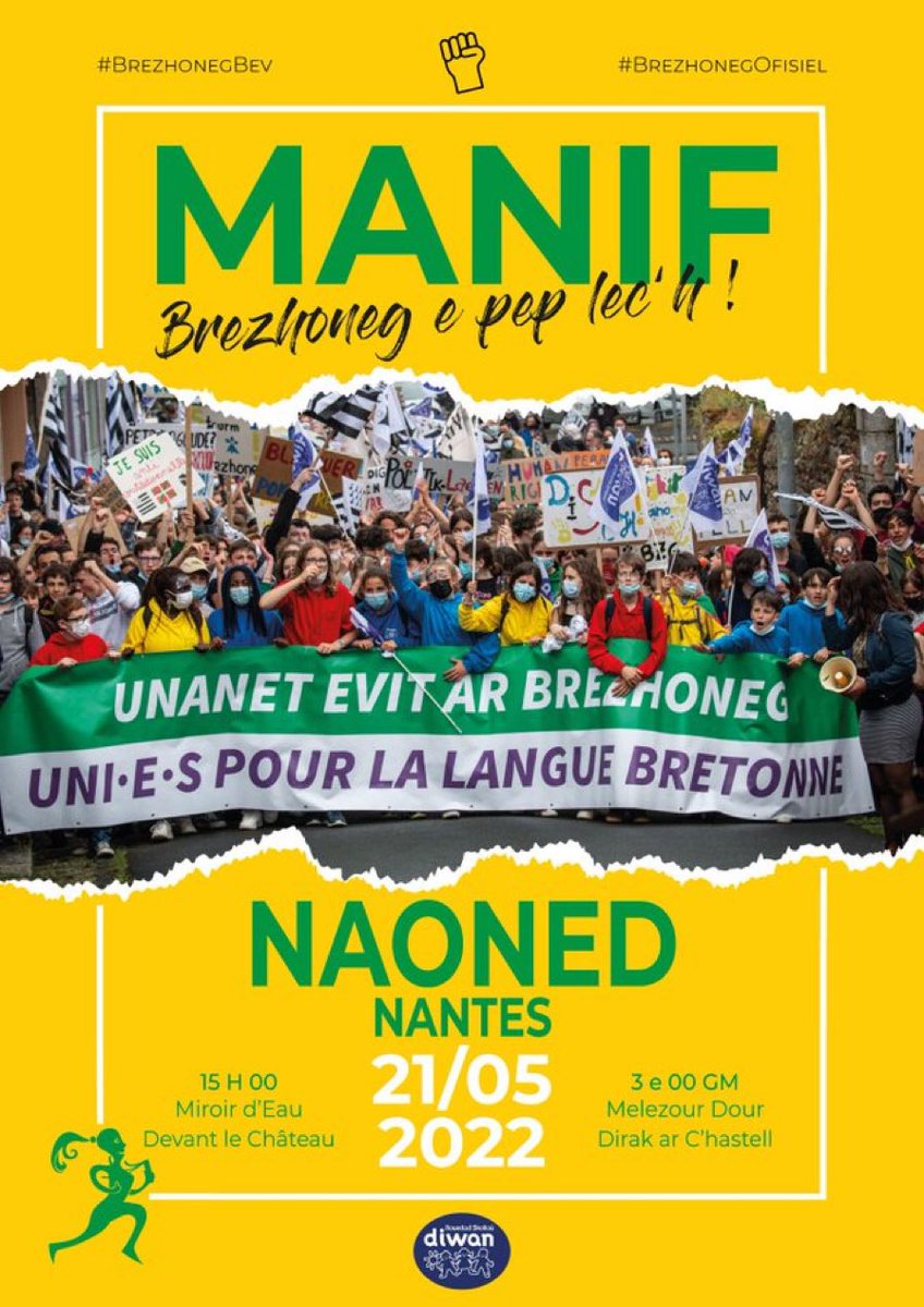 Evit diorren an deskadurezh e #Brezhoneg dre-soubidigezh, bezomp niverus d'an 21/05 e #Naoned ! 

Pour développer l'enseignement immersif en #LangueBretonne, soyons nombreux le 21 mai à #Nantes 

Stourmomp betek an trec'h ✊
#Bzhg #Brezhonegbev #BrezhonegOfisiel #Bretagne #Breizh