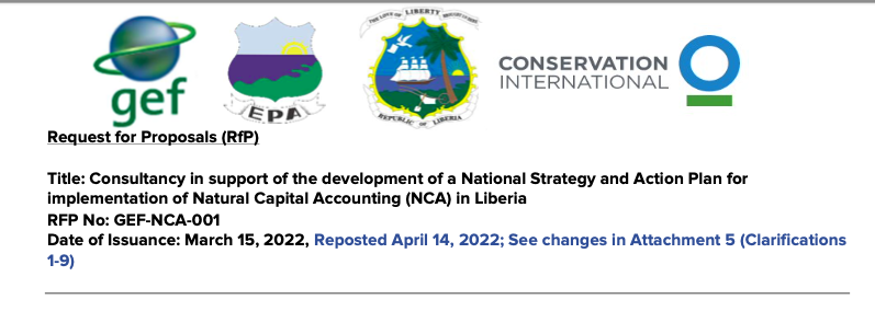REQUEST FOR PROPOSALS: Consultancy to develop a National Strategy and Action Plan for the implementation of Natural Capital Accounting (NCA) in Liberia.  

Details: lnkd.in/dd2N28Tq