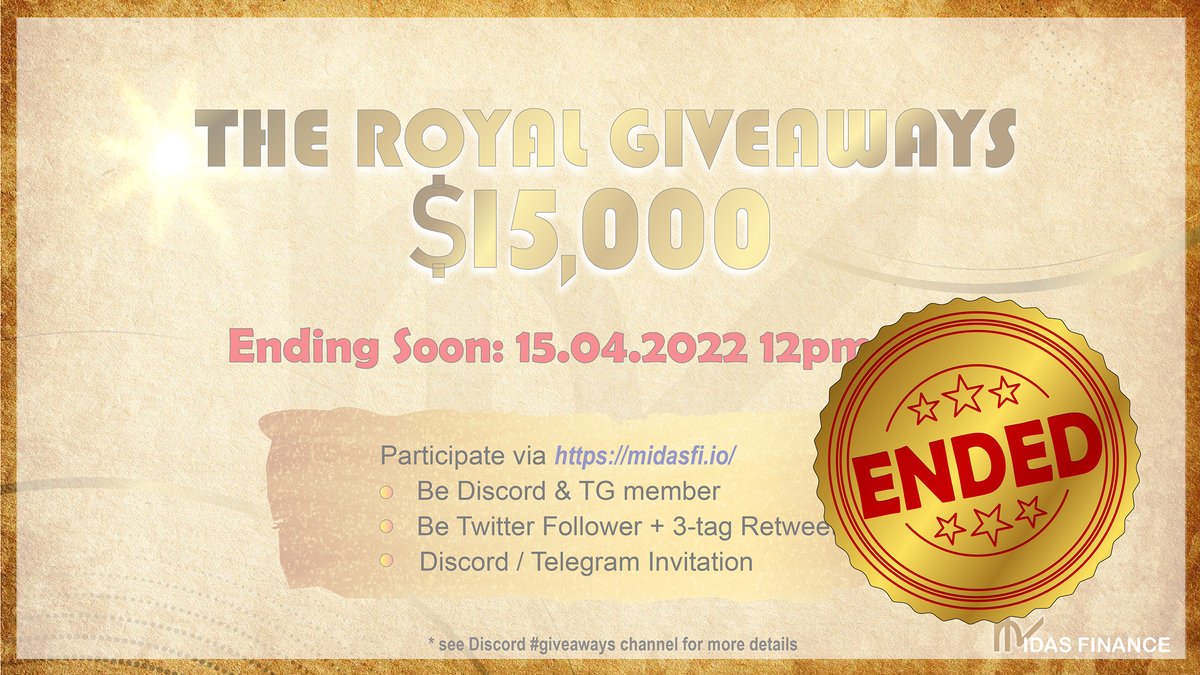 Midas__Finance's tweet photo. 🌟The ROYAL GIVEAWAYS is ended. 🌟
On behalf of Goddess, we will release the rewards to all qualifiers within 24hrs. Well Done🔥 🔥 

#midasfinance #polygon #farm #nftgame #p2e #tombfork #yield_on_yield https://t.co/iTbzBktmtJ