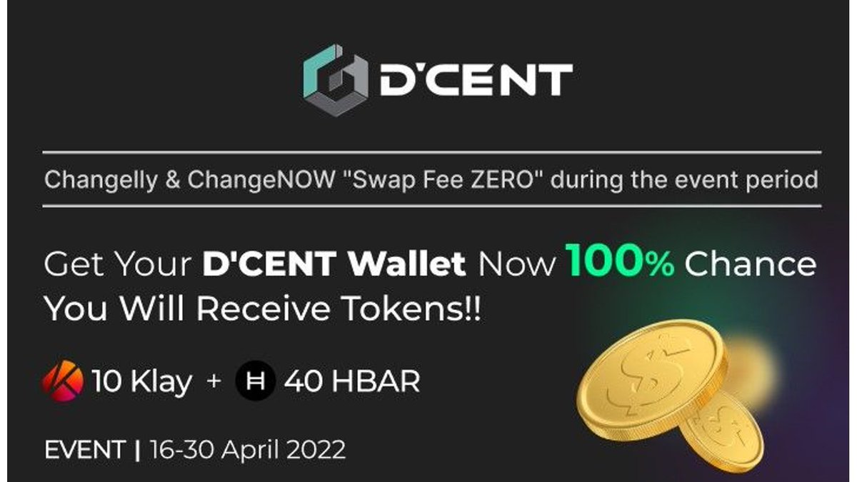 🎁D'CENT Wallet Event!!!🎁

1️⃣ - Token Giveaway
Get 10 $KLAY and 40 $HBAR per each biometric wallet purchased.

2️⃣ - Exchange KLAY or HBAR with Zero Fee during the event. Supported by our gracious partners <a href="/Changelly_team/">Changelly</a> and <a href="/ChangeNOW_io/">ChangeNOW</a> 

Details below:
bit.ly/3KFV3rj