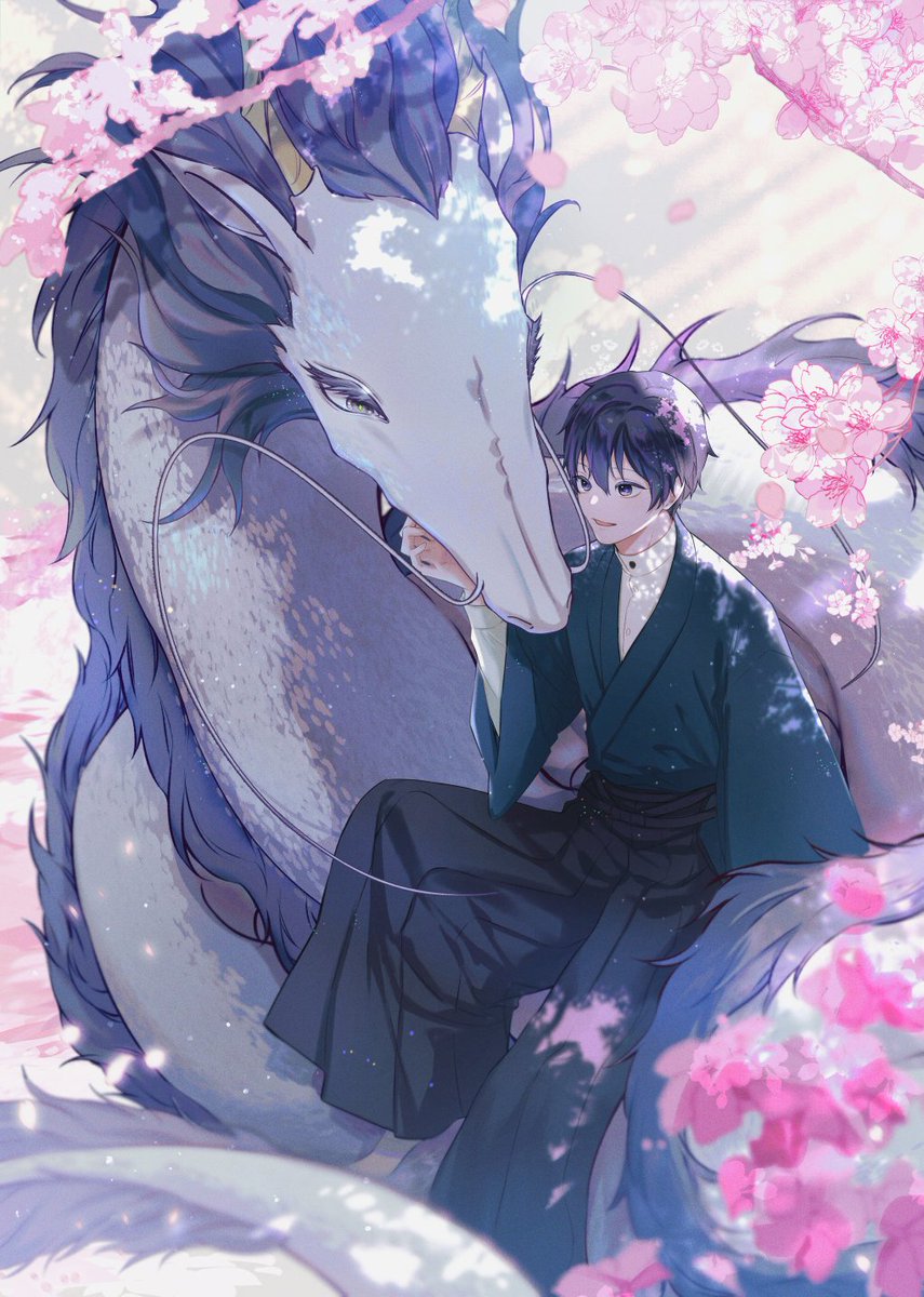 1boy male focus japanese clothes cherry blossoms dragon hakama eastern dragon  illustration images