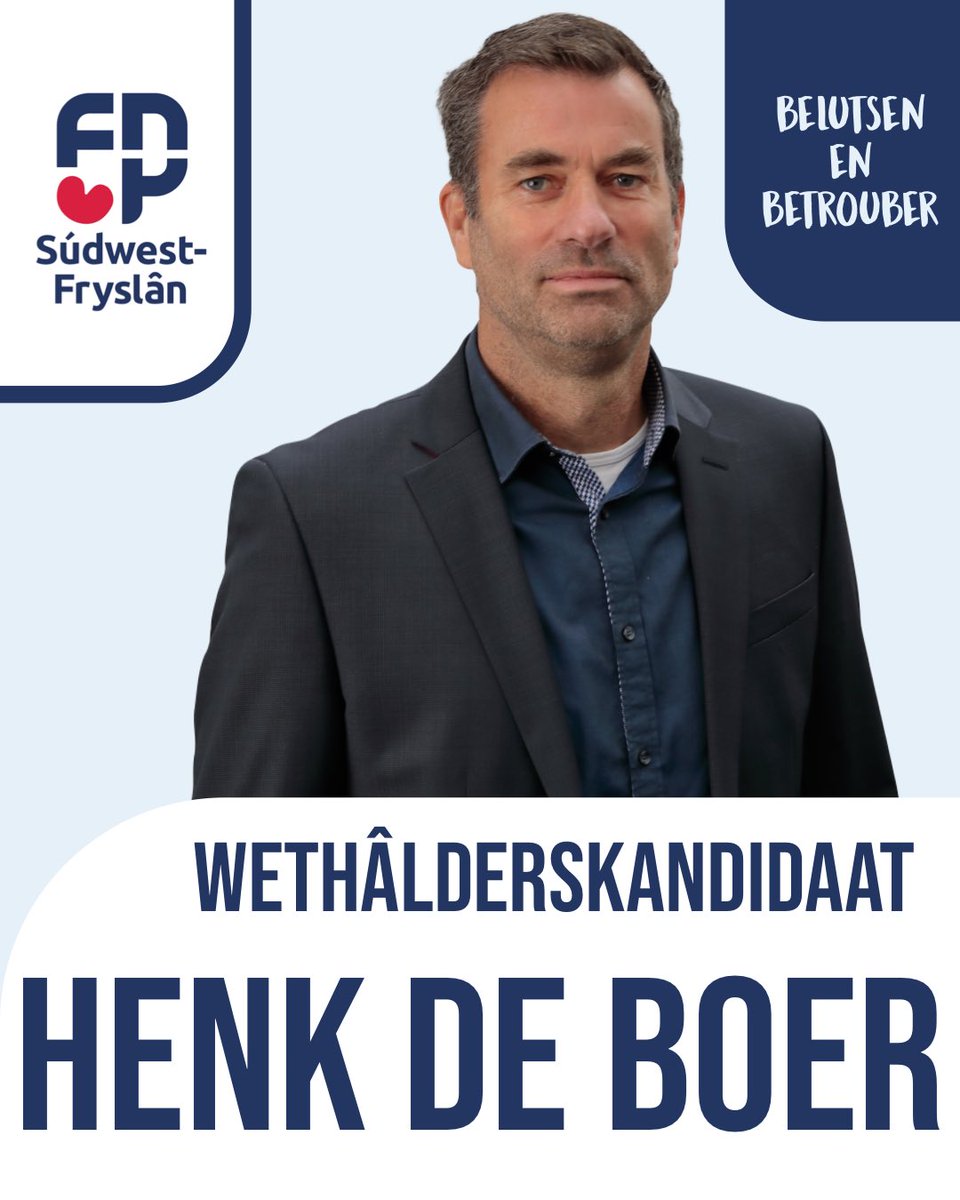 👉Henk de Boer is kandidaat-wethâlder foar de FNP Súdwest-Fryslân. De Boer wennet op De Hommerts en is op it stuit manager Engineering by Polem B.V. De Boer is troch de FNP foardroegen foar de, troch ynformateur Hetty Janssen advisearre, koälysje fan PvdA, CDA en FNP.