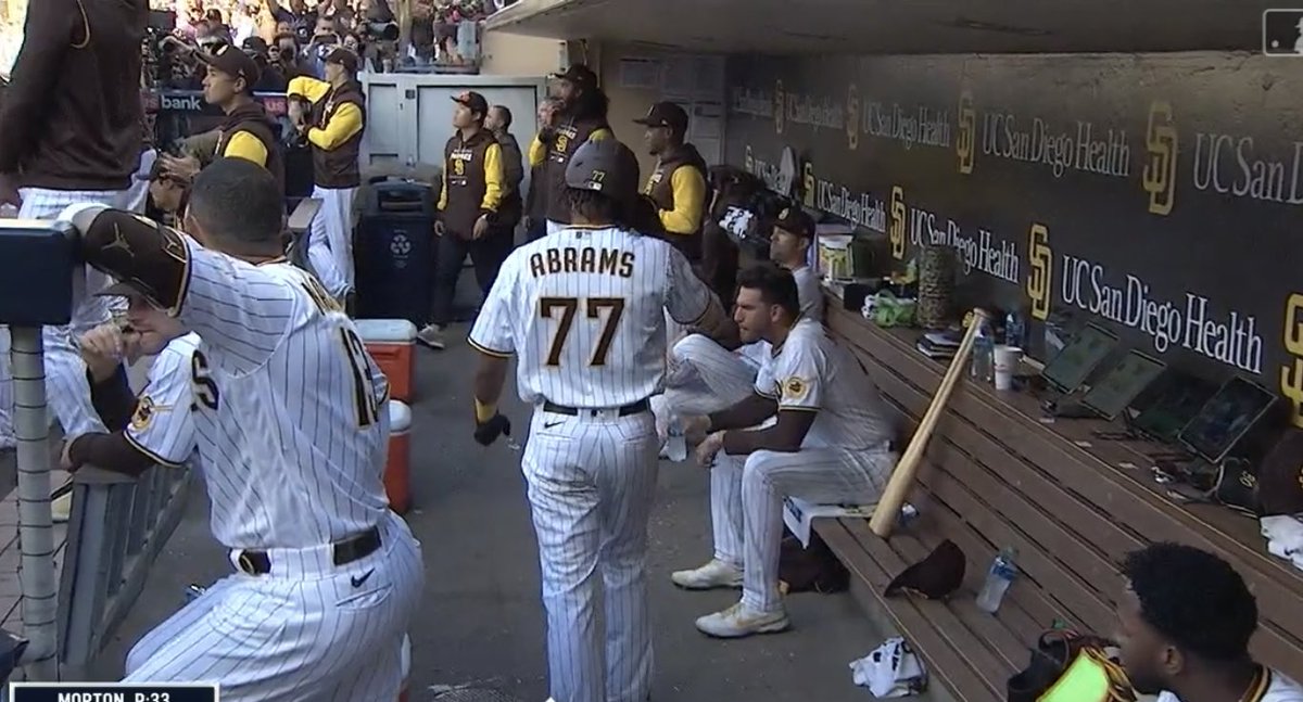 sandropacheco71's tweet photo. #CJAbrams was greeted in the #DugOut with the #SilentTreatment before being mobbed by his #SanDiegoPadres teammates after he hit a #HomeRun in his #FirstAtBat in their home field, #PetcoPark on Thursday April 14, 2022. #MLB #MakingHistory #Congratulations #TimeToShine https://t.co/8m5RCLXCpc