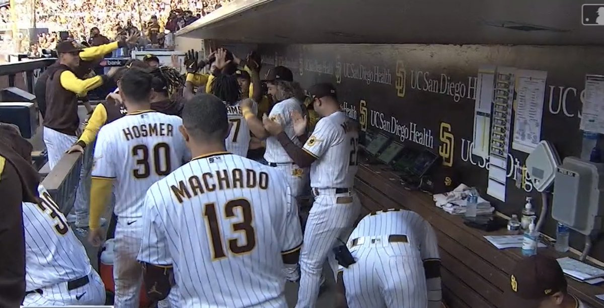 sandropacheco71's tweet photo. #CJAbrams was greeted in the #DugOut with the #SilentTreatment before being mobbed by his #SanDiegoPadres teammates after he hit a #HomeRun in his #FirstAtBat in their home field, #PetcoPark on Thursday April 14, 2022. #MLB #MakingHistory #Congratulations #TimeToShine https://t.co/8m5RCLXCpc