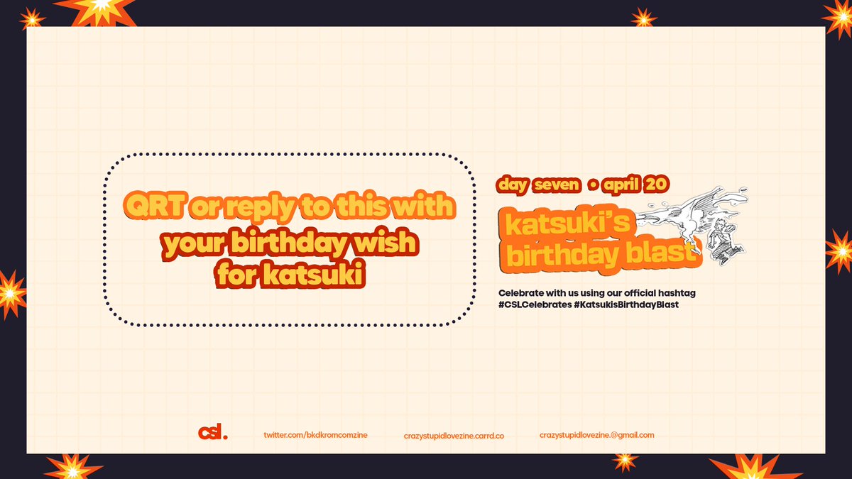 bkdkromcomzine's tweet photo. ๐ฅ๐งจ๐งก Day 7
Happy Birthday, Katsuki!
Join the fun by simply replying to this or QRT-ing this with your favorite Katsuki manga panel!
#CSLCelebrates #KatsukisBirthdayBlast https://t.co/iisUn0XNLH