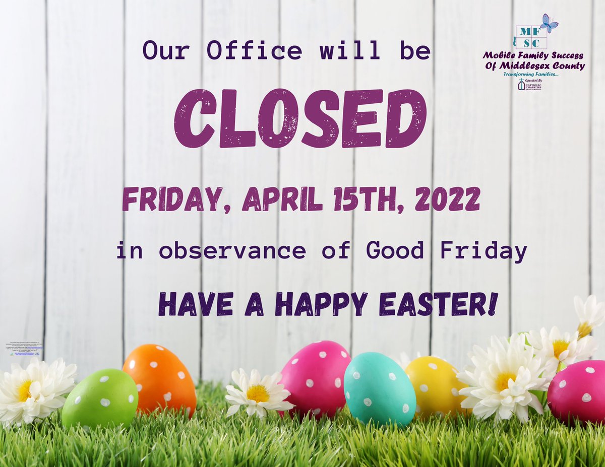 Good morning to all the families in the Community, we just want to remind you. Our Office will be closed today, Friday, April 15th. ***Buenos días a todas las familias en la comunidad, sólo queremos recordarles que nuestra oficina estará cerrad este Viernes 15 de Abril.