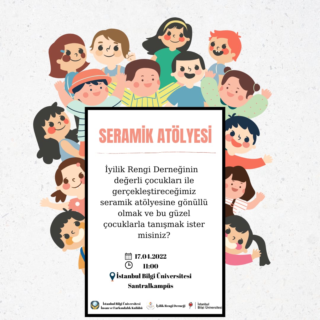 infakbilgi's tweet photo. Merhaba! 17 Nisan Pazar günü Santralkampüs'te renkli bir etkinlik bizleri bekliyor. 🎨
İyilik Rengi Derneğinden gelecek çocuklarla tanışıp seramik atölyesi düzenleyeceğimiz bu etkinliğe gönüllü olarak katılmak isterseniz mesaj yoluyla bize ulaşabilirsiniz.+ https://t.co/zqWrZSFPCH