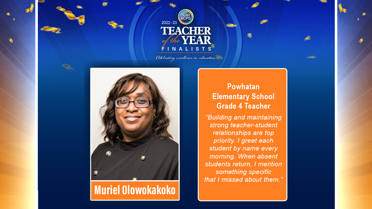 Baltimore County Public Schools (@baltcops) on Twitter photo 🌟 Meet the Finalists: Muriel Olowokakoko is Grade 4 teacher at Powhatan Elementary School in Woodlawn. She earned degrees from both <a href="/TowsonU/">Towson University</a> and <a href="/gcu/">Grand Canyon U</a> and has taught for more than 16 years, including the last three at Powhatan Elementary. 🌟 Meet the Finalists: Muriel Olowokakoko is Grade 4 teacher at Powhatan Elementary School in Woodlawn. She earned degrees from both <a href="/TowsonU/">Towson University</a> and <a href="/gcu/">Grand Canyon U</a> and has taught for more than 16 years, including the last three at Powhatan Elementary.