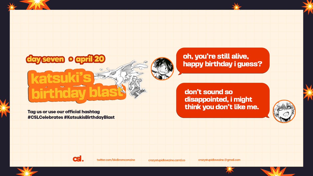 bkdkromcomzine's tweet photo. ๐ฅ๐งจ๐งก Day 7 will go down the history!
Happy Birthday, Bakugou Katsuki!
Join us in celebrating Katsuki's Birthday Blast! Tag us your creation or use our official hashtag!
#CSLCelebrates #KatsukisBirthdayBlast https://t.co/ylxXD3AP1c