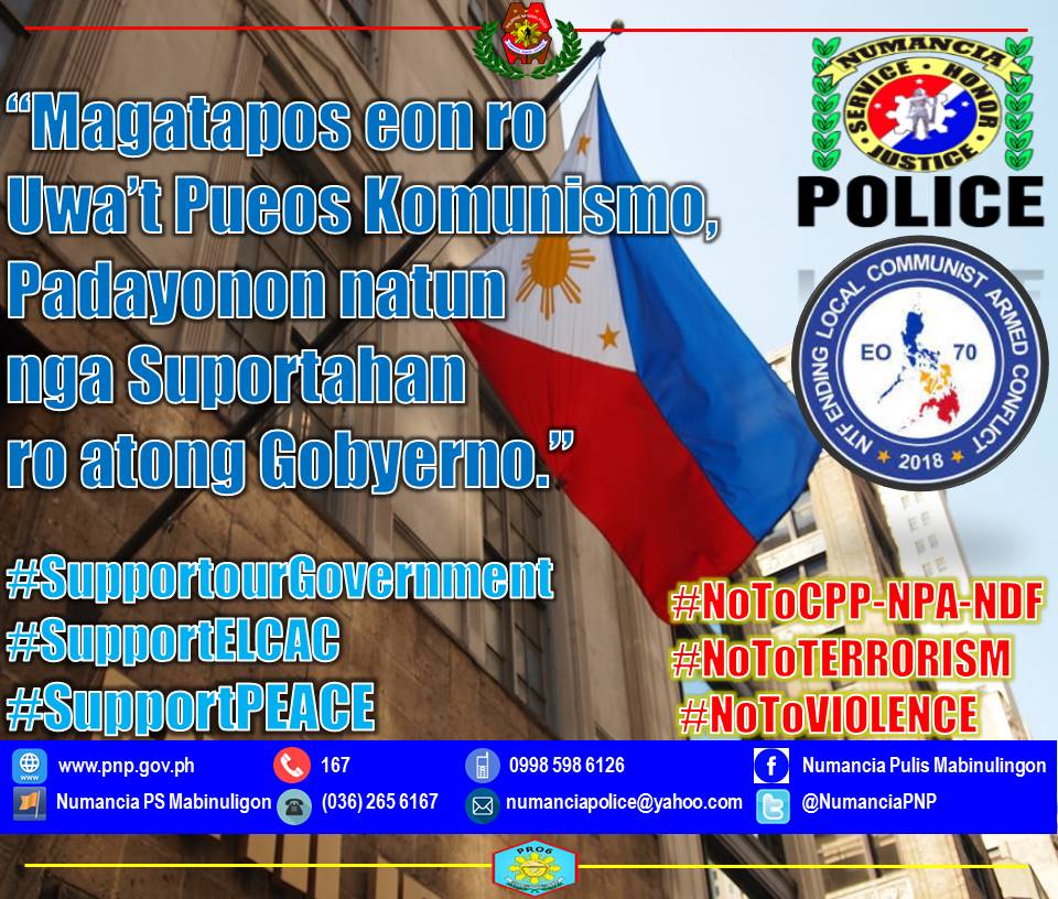 NumanciaPolice's tweet photo. "Matapos eon ro uwa't pueos nga Komunismo, padayon natun nga suportahan ro atong Gobyerno."
Support our Government
Support NTF - ELCAC
Support for PEACE
No to TERRORISM
#TeamPNP 
#PNPKakampiMo 
#WeServeAndProtect https://t.co/NvcbbWnfmL