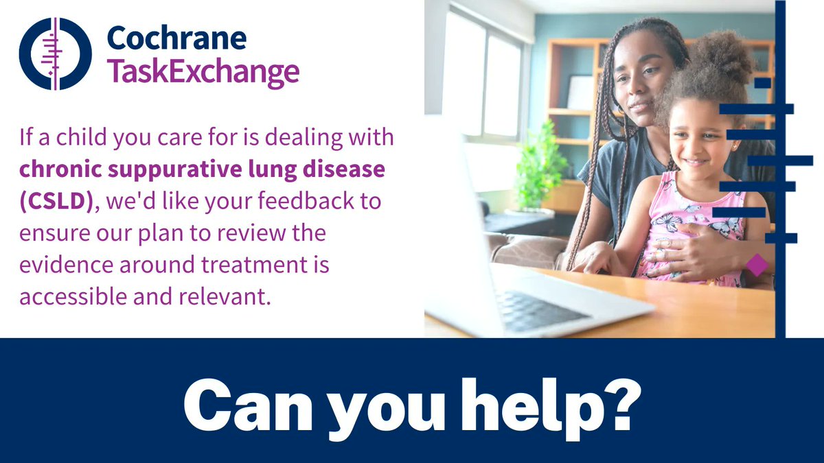 cochranecollab's tweet photo. The @CochraneAirways group is planning a review on treating children with chronic suppurative lung disease - we'd appreciate your feedback! https://t.co/uEMdKoQwYY #CSLD #CysticFibrosis #bronchiectasis #ProtractedBacterialBronchitis @CochraneConsumr #CochraneTaskExchange https://t.co/nxXBvSPrZ9