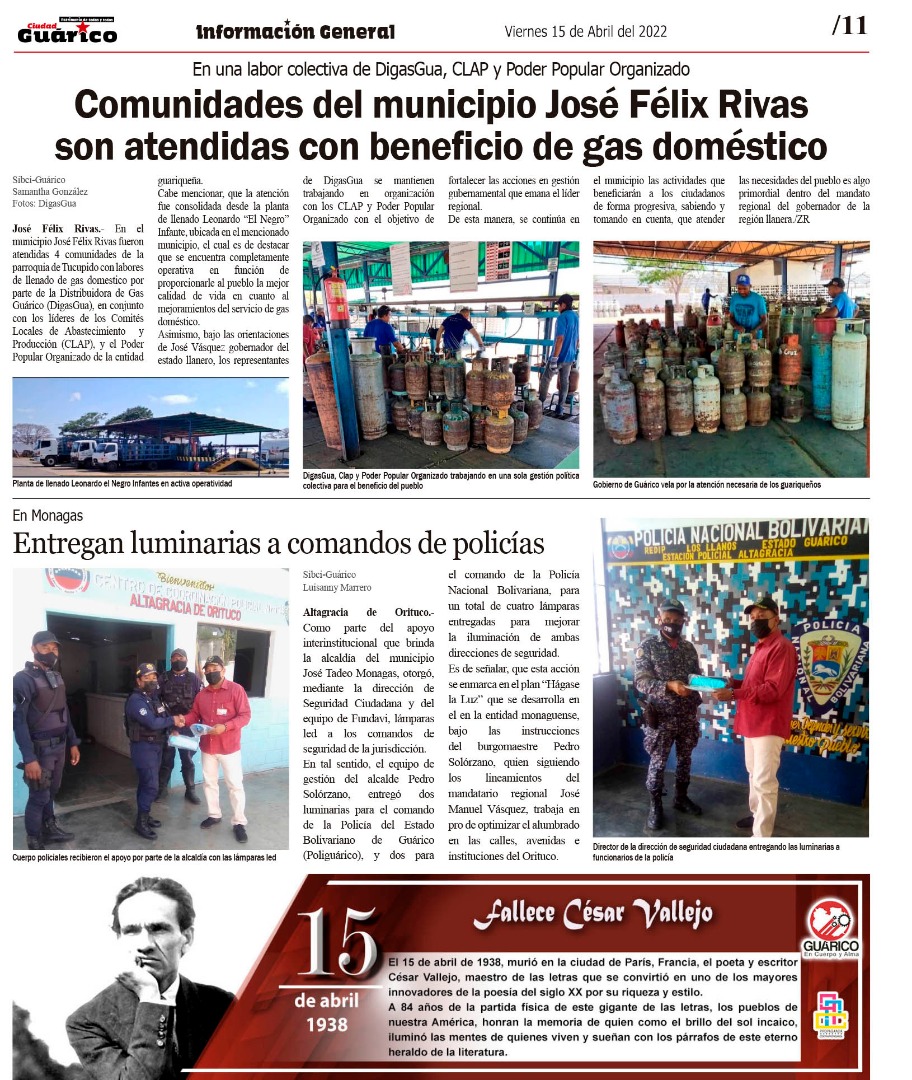 DiGasGuarico's tweet photo. #FelizViernesSanto || Pública el Diario #CiudadCRG, en su edición digital:

Comunidades del Municipio José Félix Rivas son atendidas con beneficio de gas doméstico

#ArteEsConciencia
#GestiónParaElPueblo
#VenAGuáricoTuDestino
@josemvasquez @CarylBertho 
@gas_comunal @Gob_Guarico https://t.co/6UnayIlnbT