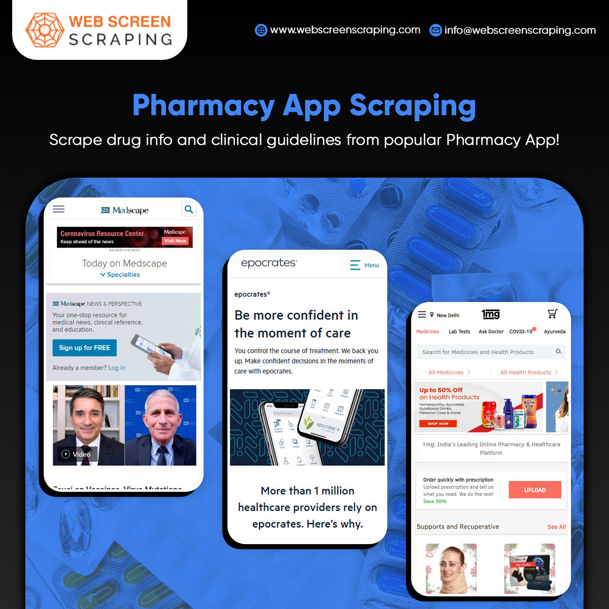 webscreenscrap's tweet image. Extract Medicine, pricing, ingredients, drug usage, clinical guidelines from popular pharmacy apps from Medscape, Epocrates, Lexicomp, MPR, iTriage, 1MG pharmacy app data. 

webscreenscraping.com

#pharmacydatascraping #pharmacyappdatascraper #webdatascrapingservices #webscreen