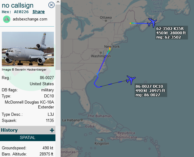 SirListenalot's tweet photo. 0940z #KC10 #AE0226 as #BLUE81 on a round trip out of McGuire is dragging two #F35's as #RETRO31-32 ("LN"s out of Cherry Point?). #KC135 #AE0377 as #BLUE82 out of Bangor will take over later https://t.co/yNLiQ8VduY