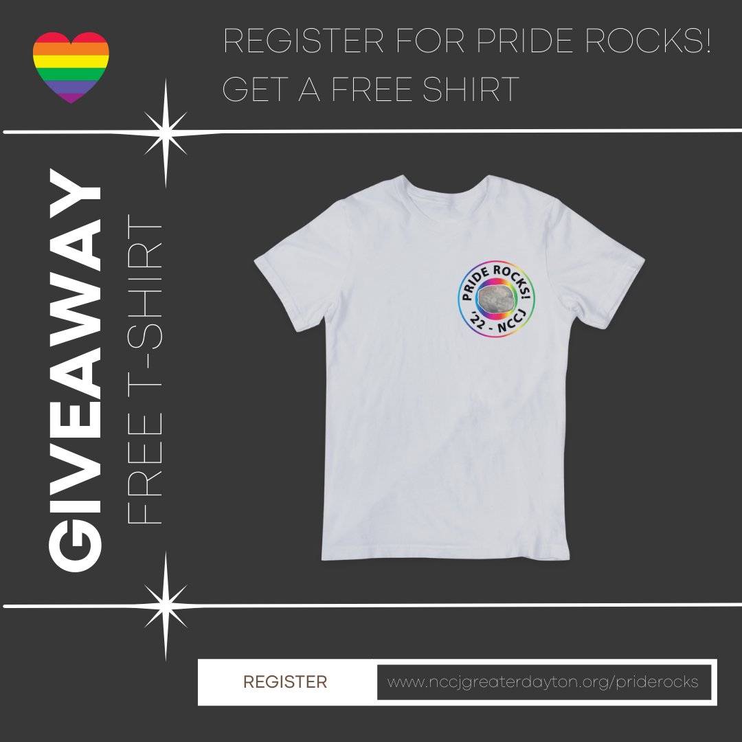 Register for Pride Rocks! Today
and get a FREE T-SHIRT! Register at:
nccjgreaterdayton.org/priderocks/
Help spread the word by sharing this post!
Must be present at the event to receive your shirt.