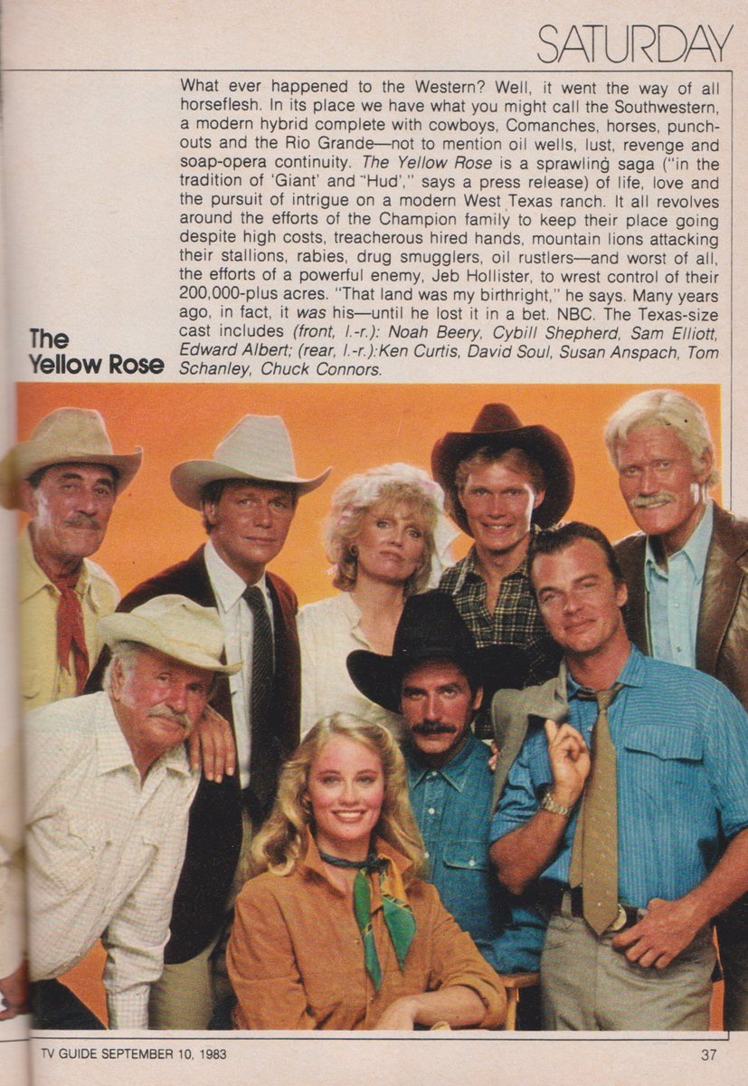 TVGFPI's tweet photo. THE YELLOW ROSE. 1983.
#TheYellowRose #NoahBeery #CybillShepard #SamElliot #EdwardAlbert #KenCurtis #DavidSoul #SusanAnspach #TomShanley #ChuckConnors #TVGuide https://t.co/31qHKjtXqZ