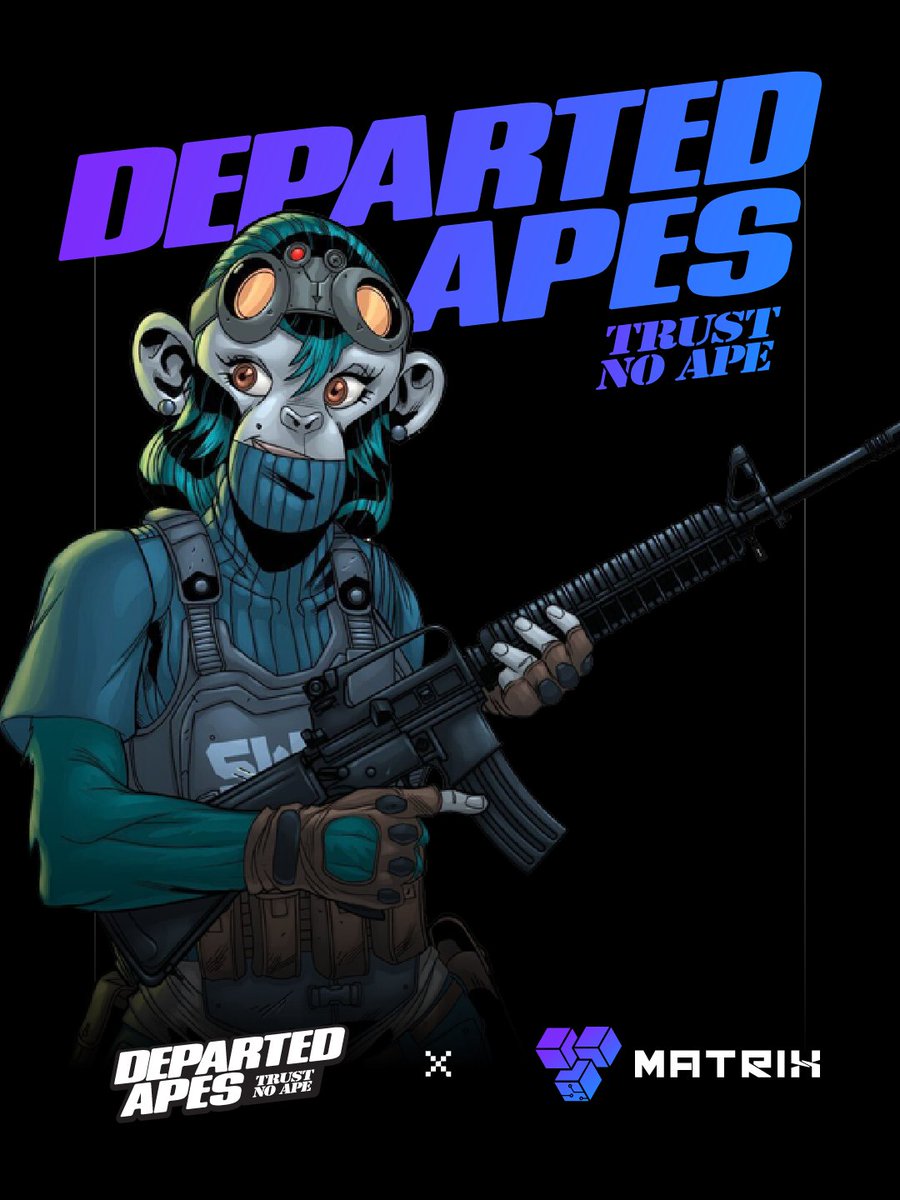 “Say hello to my li’l friend, the DEApes!”

As a token of appreciation, DEAapes are offering 5 WL spots to the Matrix World community🎉

🦧 Follow @departedapes &amp; @theMatrixWorld 
🦧 Like, RT &amp; Tag a friend

⏳48 hrs

Enter below:
premint.xyz/DAapes-matrixw…