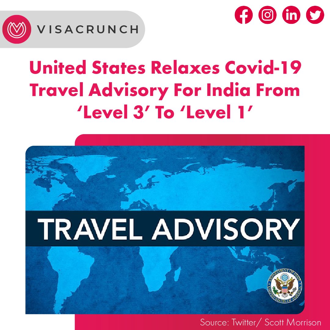 #VisaCrunch: United States Relaxes Covid-19 Travel Advisory For India From ‘Level 3’ To ‘Level 1’

Read more: visacrunch.com/united-states-…

#CDC #Chad #COVID19 #Covid19Risk #Guinea #India #Namibia #TravelAdvisory #UnitedStates #USStateDepartment