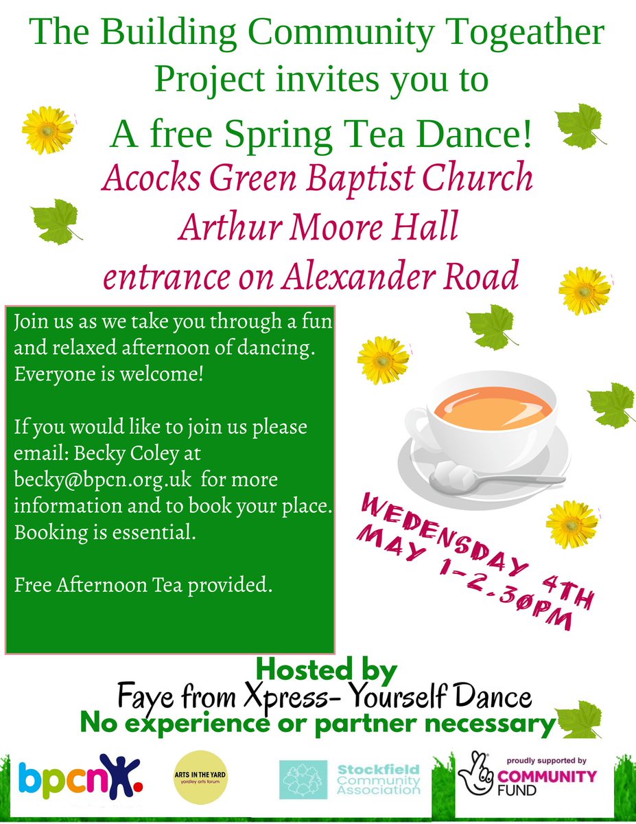We know how much many of you love to #dance the afternoon away and so you'll be delighted to know our #spring #TeaDance is near! As always the lovely Faye from <a href="/XpressYourself1/">Xpress-Yourself</a> will be our host so save the date and we'll see you there!

#AcocksGreen #free #dancing #fitness #fun