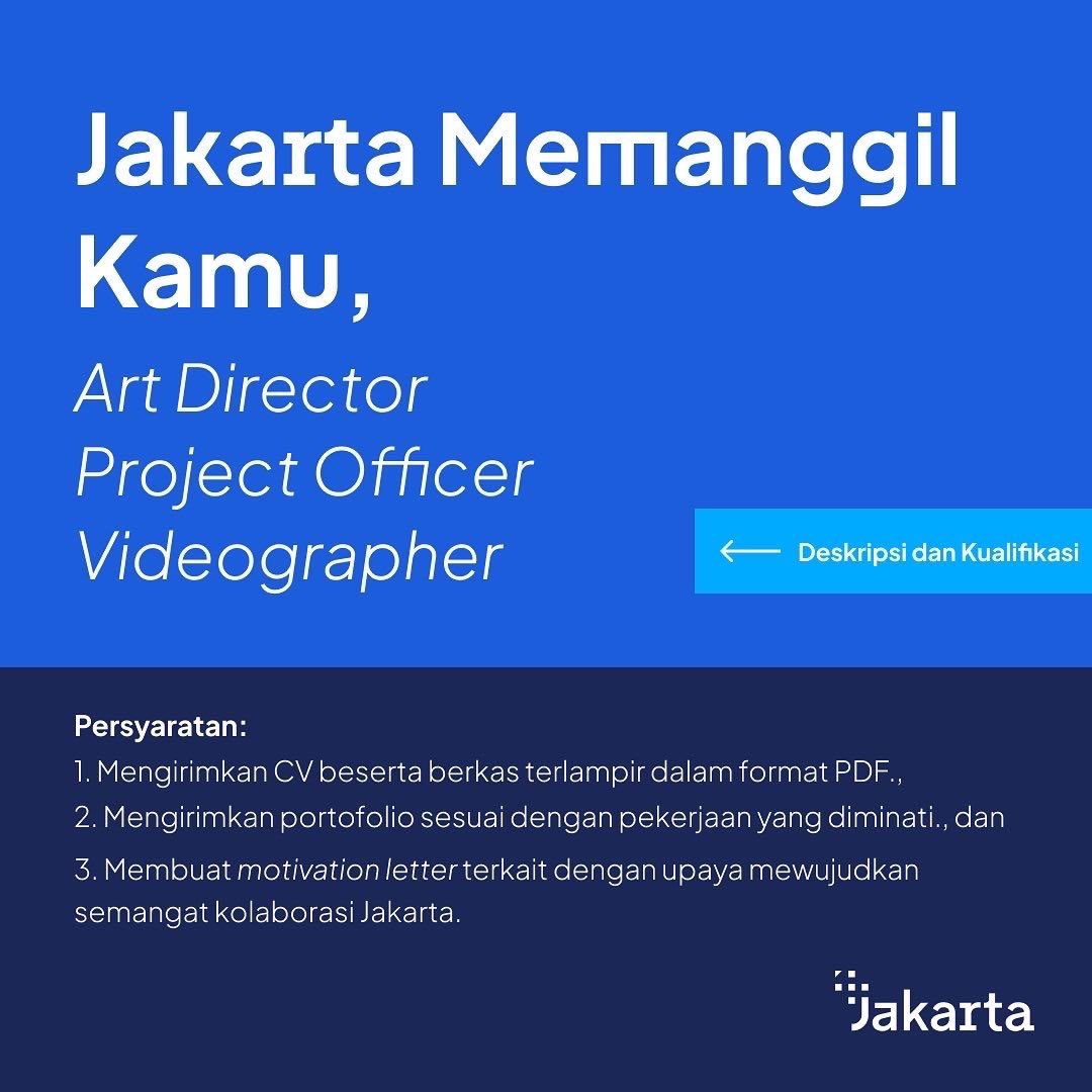 einsistant's tweet photo. Ketika Jakarta memanggil, Kita menjawab😉

Kami membutuhkanmu warga terbaik untuk ikut ambil bagian dalam usaha menebar semangat dan aksi nyata kolaborasi di Jakarta. 

Terdapat tiga 3 posisi yang dibuka untuk tenaga ahli purna waktu.. https://t.co/ygCDrIjmF1