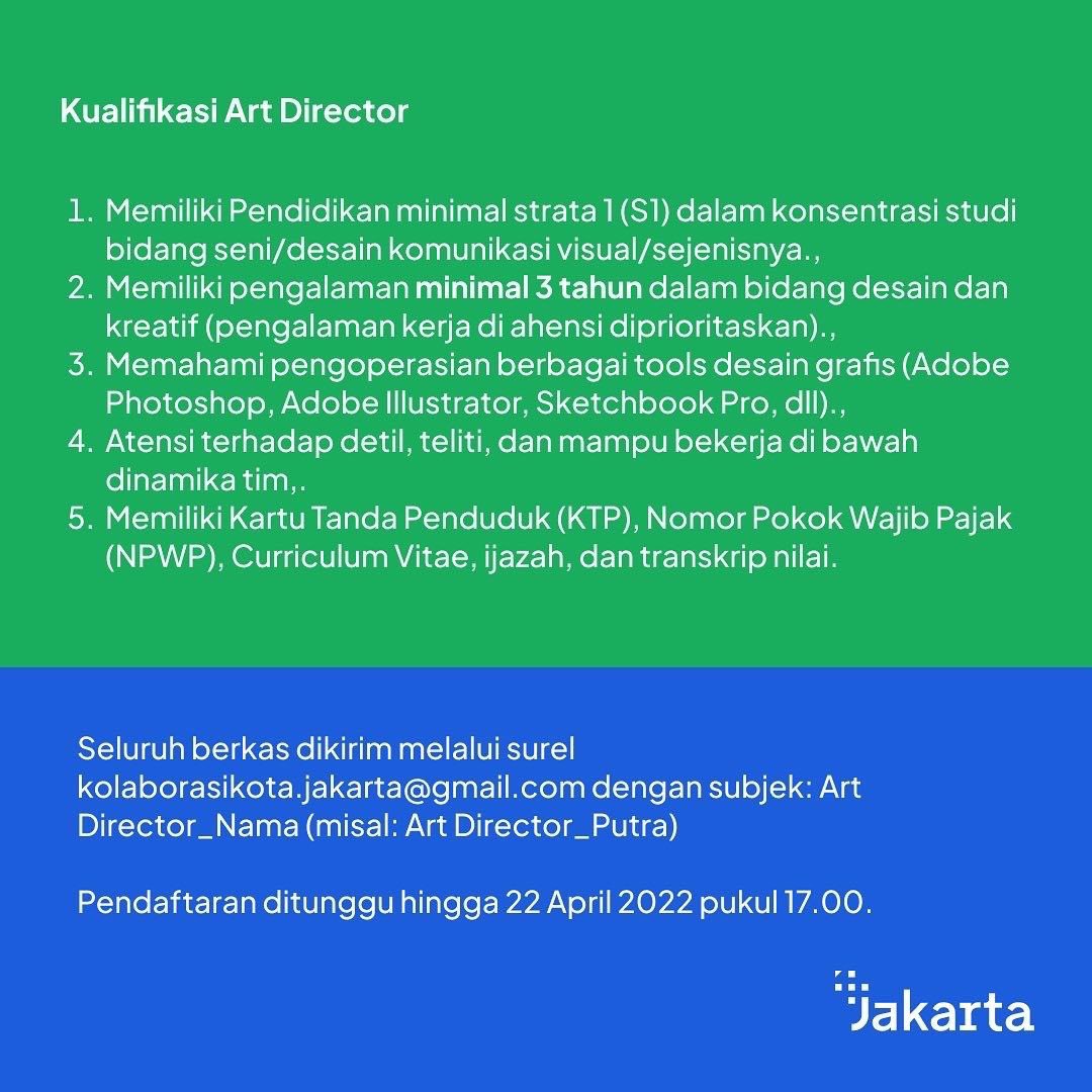 einsistant's tweet photo. Ketika Jakarta memanggil, Kita menjawab😉

Kami membutuhkanmu warga terbaik untuk ikut ambil bagian dalam usaha menebar semangat dan aksi nyata kolaborasi di Jakarta. 

Terdapat tiga 3 posisi yang dibuka untuk tenaga ahli purna waktu.. https://t.co/ygCDrIjmF1