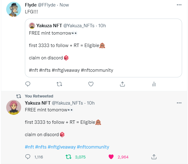 FFlyde's tweet photo. @Yakuza_NFTs Done! Cant get in the discord to claim tho... https://t.co/D7qbmvXpBx