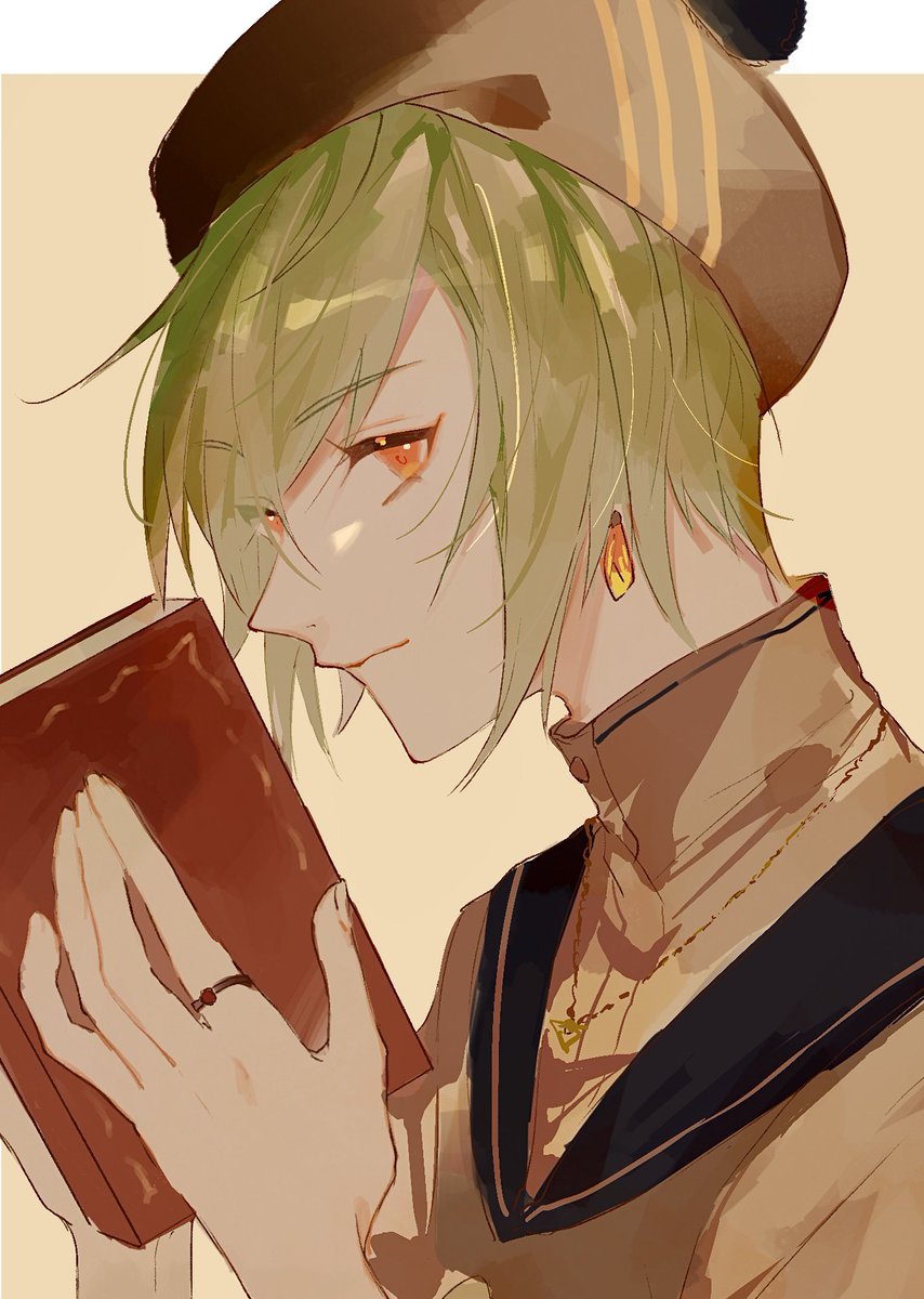 jewelry solo hat male focus green hair 1boy book  illustration images