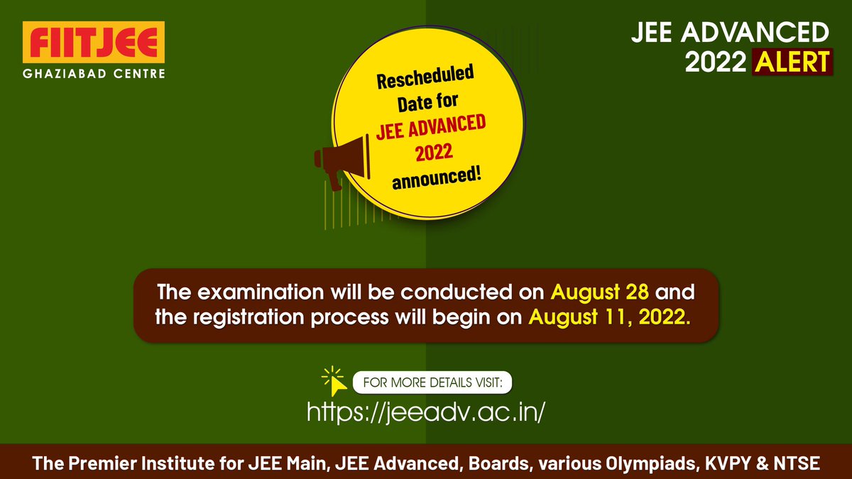 FIITJEE_GZB's tweet photo. Attention JEE 2022 Aspirants! The #JEEAdvanced2022 has been revised to 28th Aug 2022. We advise our students to positively use this extra time to improve their preparation and perform well!
#JEE2022 #JEEAdvanced #JEE #IITJEE2022 #IIT #JEEUpdates https://t.co/iaGjtNX794