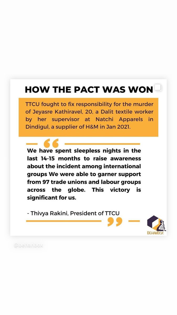 Chinmayi's tweet photo. Congratulations to Tamilnadu Textile and Common Labour Union, led by Dalit women for this momentous win.

Their 15 month long struggle after the murder of an employee by her supervisor at Natchi Apparels that supplied to H&amp;M has resulted in this pact. 

Read through and share https://t.co/SJjkIX2IpD