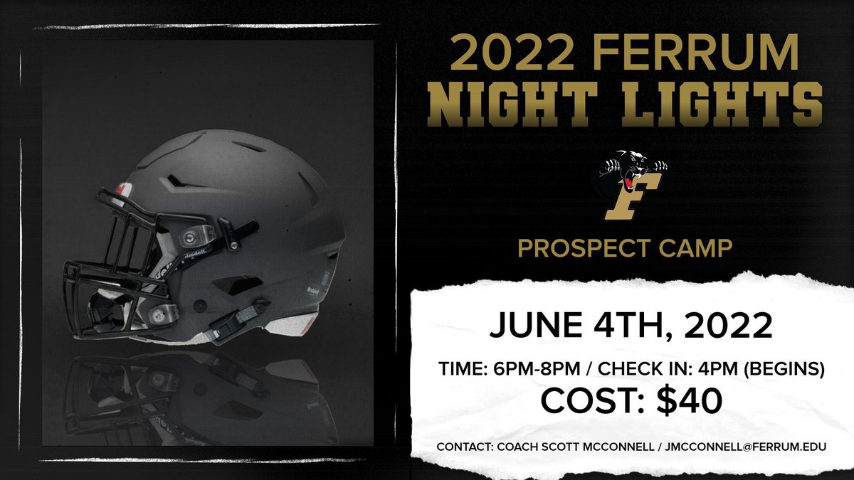 FerrumFootball's tweet photo. FERRUM NIGHT LIGHTS! Don’t miss out on an opportunity to be coached by our staff here on 40 West! 2 Dates this June. The 4th and 24th…Rising 9th-12th Graders! #BAM https://t.co/hBUzRPC4u3 https://t.co/OmAjMDojr0