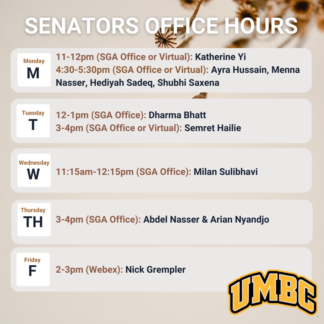 Got a complaint about campus life? Res life. Campus life? Come to SGA office hours and tell us what’s on your mind so we can help!