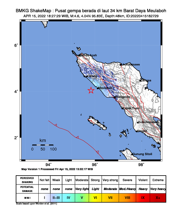 infoBMKG's tweet photo. #Gempa Mag:4.6, 15-Apr-22 18:27:29 WIB, Lok:4.04 LU, 95.83 BT (Pusat gempa berada di laut 34 km Barat Daya Meulaboh), Kedlmn:48 Km Dirasakan (MMI) III Takengon #BMKG https://t.co/hynMizjpbl