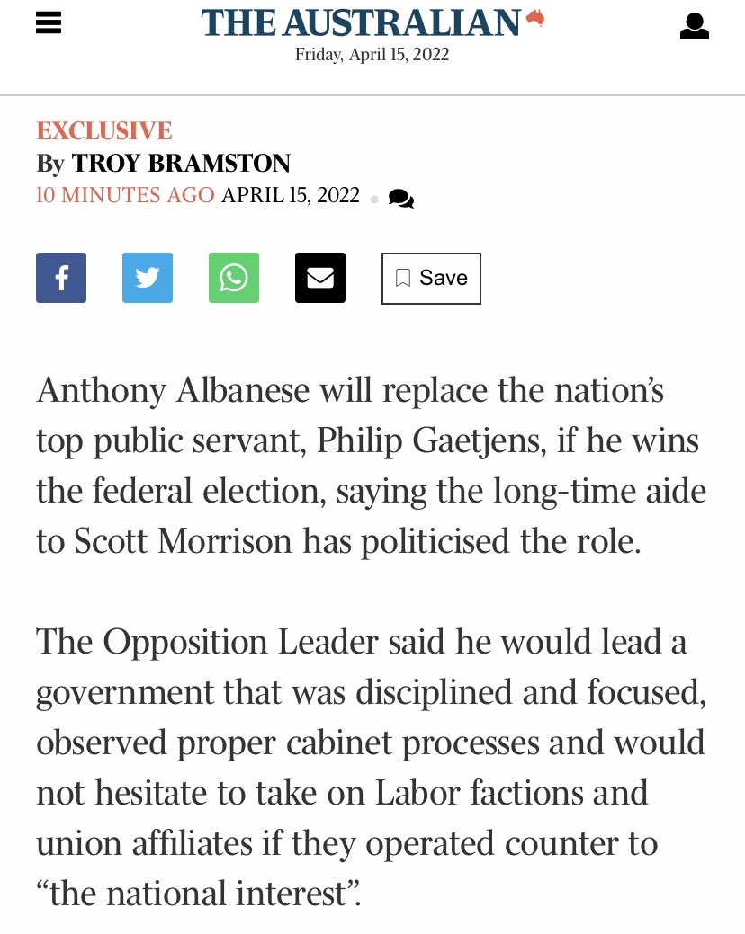 Anthony Albanese pledges to fire @pmc_gov_au’s Phil Gaetjens if he wins election in May.