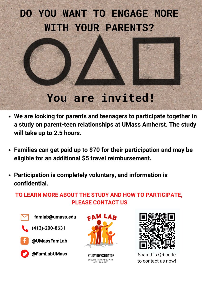 FamLabUmass's tweet photo. The FAM Lab at UMass Amherst is currently looking for a parent &amp; teenager to come into our lab for a study on parent-teenager relationships! Families will receive $70 for participating. DM us or email famlab@umass@edu for more info and to sign up! #umass #umasspbs #umassfamlab https://t.co/vn0wv2pAwh