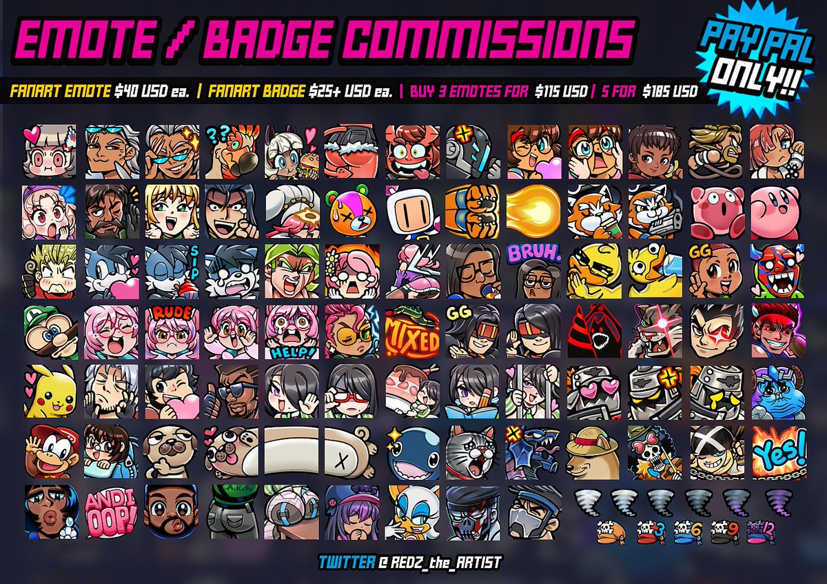 The Emote/Badge(s) are now available! Hit me a msg if you're interested! ⚠️IMPORTANT⚠️ • The price will also include a bigger format of your request (EMOTES ONLY) • Please send a detailed description of your request! • Bring references! #emoteartist #emotecommissions