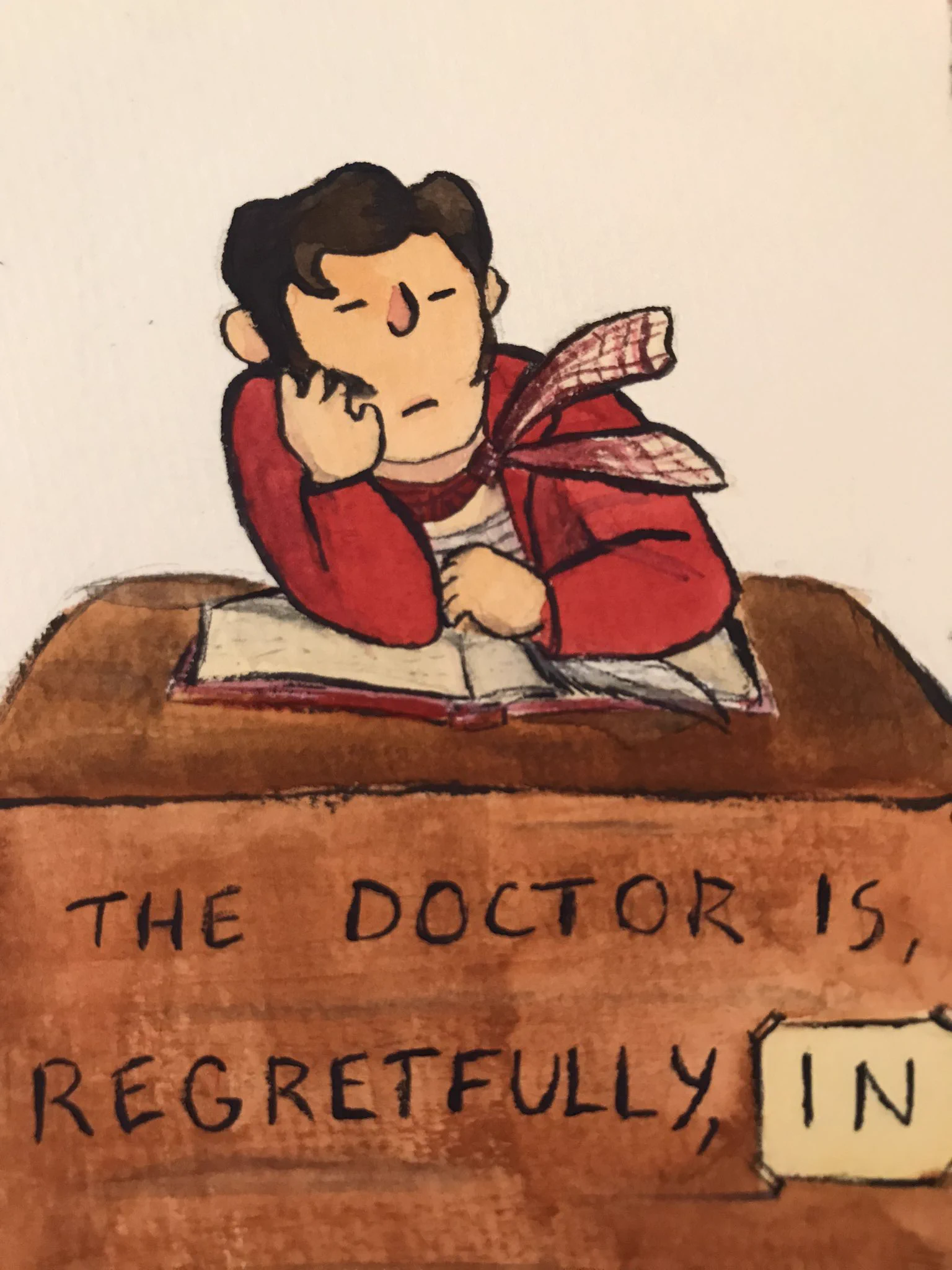An illustration of Lucius from Our Flag Means Death sitting at a booth that says “THE DOCTOR IS, REGRETFULLY, IN”