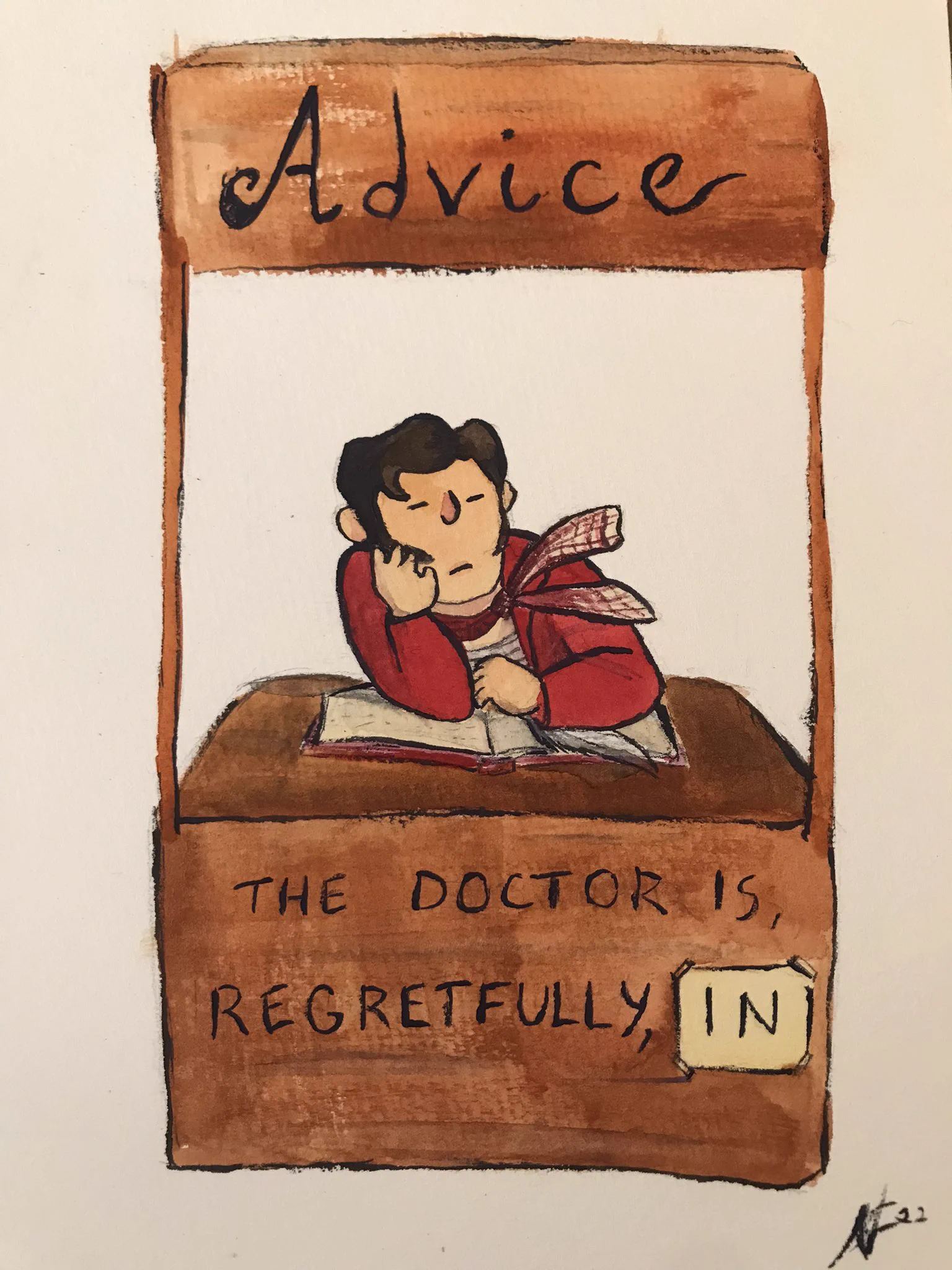 An illustration of Lucius from Our Flag Means Death sitting at a booth that says “Advice” and “THE DOCTOR IS, REGRETFULLY, IN”