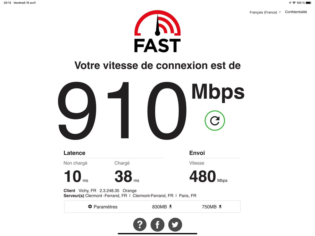 victormeunier's tweet photo. Débit en wifi avec un système orbi et fibre orange sur un iPad M1. https://t.co/KahMyJ1c33