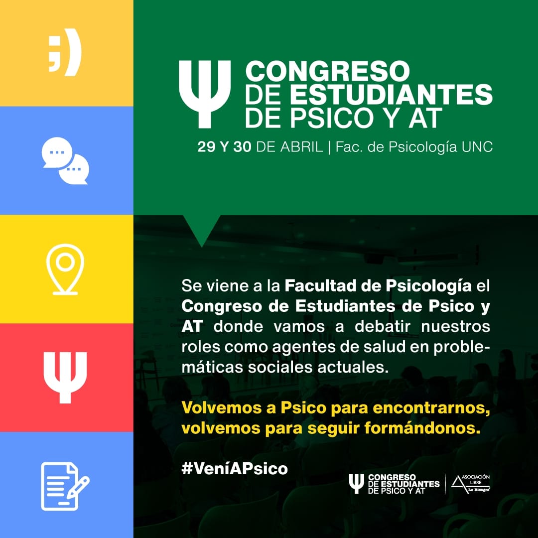 AsocLibrePsico's tweet photo. #VeníAPsico | ¡SE VIENE EL CONGRESO DE ESTUDIANTES DE PSICO Y AT! 💛😍
👉🏼 | Sin tanto spoiler les contamos que el 29 y 30 de abril nos vamos a encontrar en la facu para debatir nuestros roles como futuros profesionales. https://t.co/47vQ7AJ5nX