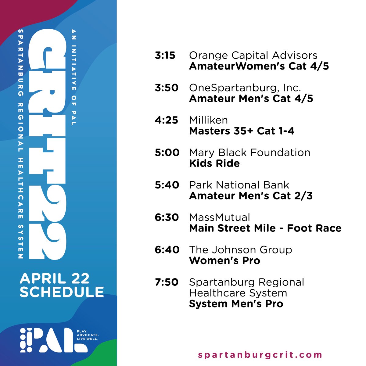 palspartanburg's tweet photo. We're just ONE WEEK away from the #fastestnight in Spartanburg! The first race of the @SptbgRegional CRIT starts at 3:15, the Kids Ride is at 5pm, & the final race begins at 7:50pm. Our new interactive map will help you locate your tent at https://t.co/uCtCK9gbBO. #PALSpartanburg https://t.co/q3AA9lUwgl