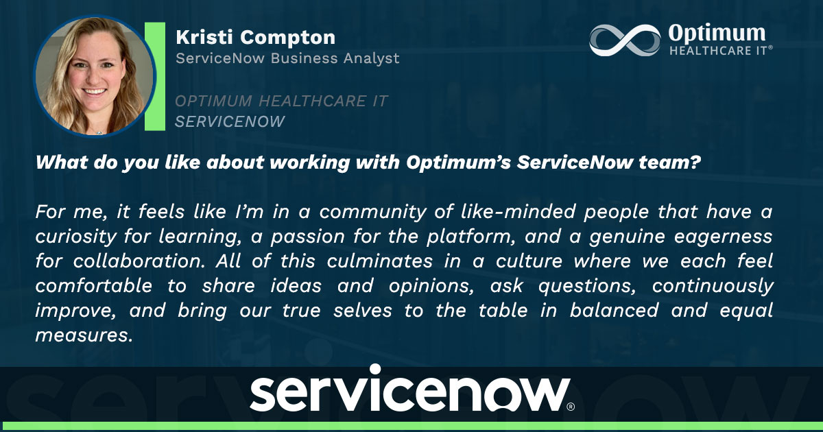 Curious about joining Optimum's ServiceNow team? Check out what Kristi Compton had to say about our team and the opportunity she has to make an impact!

#testimonial #ServiceNow #healthcareIT https://t.co/TxqQ9EdLk4