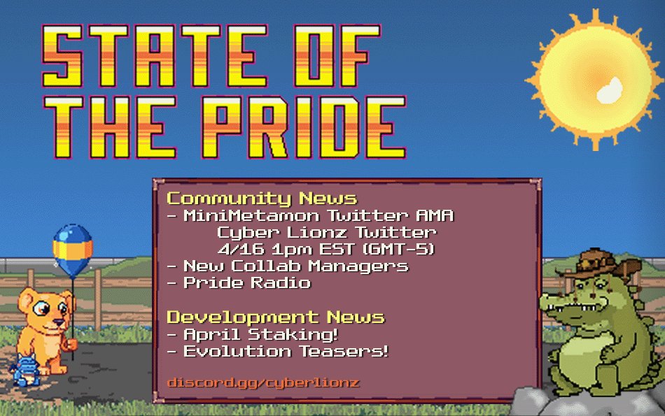 🦁STATE OF THE PRIDE🦁

Lionz will be hosting an AMA for @minimetamonNFT on Twitter! Be sure to tune in to Pride Radio at 1 PM EST! Might have more info dropping!

Also... Lionz love 🥩... and evolution finally around the corner?

!ROAR

See you in the Discord!