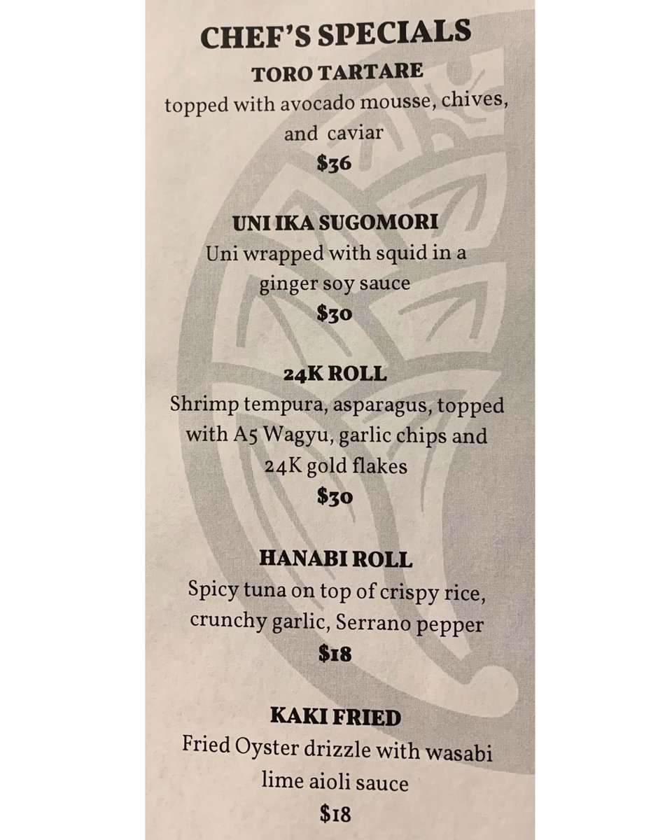 BuckheadTomo's tweet photo. IT'S FRIDAY NIGHT...(you know the song). Here is tonight's feature sheet from Chef San and Martin. Hope to see you tonight! #japanese #sushi #toro #uni #24k #hanabi #oyster https://t.co/dD7mLuB1b0