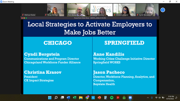 MAWorkforce's tweet photo. Many thanks to @National_Fund's Melissa Kleder and Tom Strong for leading our #GrowingEquity Activating Employers webinar yesterday and including great #wkdev #partnership examples from #Chicago and #SpringfieldMA.@Chi_WF_Funders @Baystate_Health @SpfldWORKS #goodjobs #jobquality https://t.co/VRiqm0DVOM