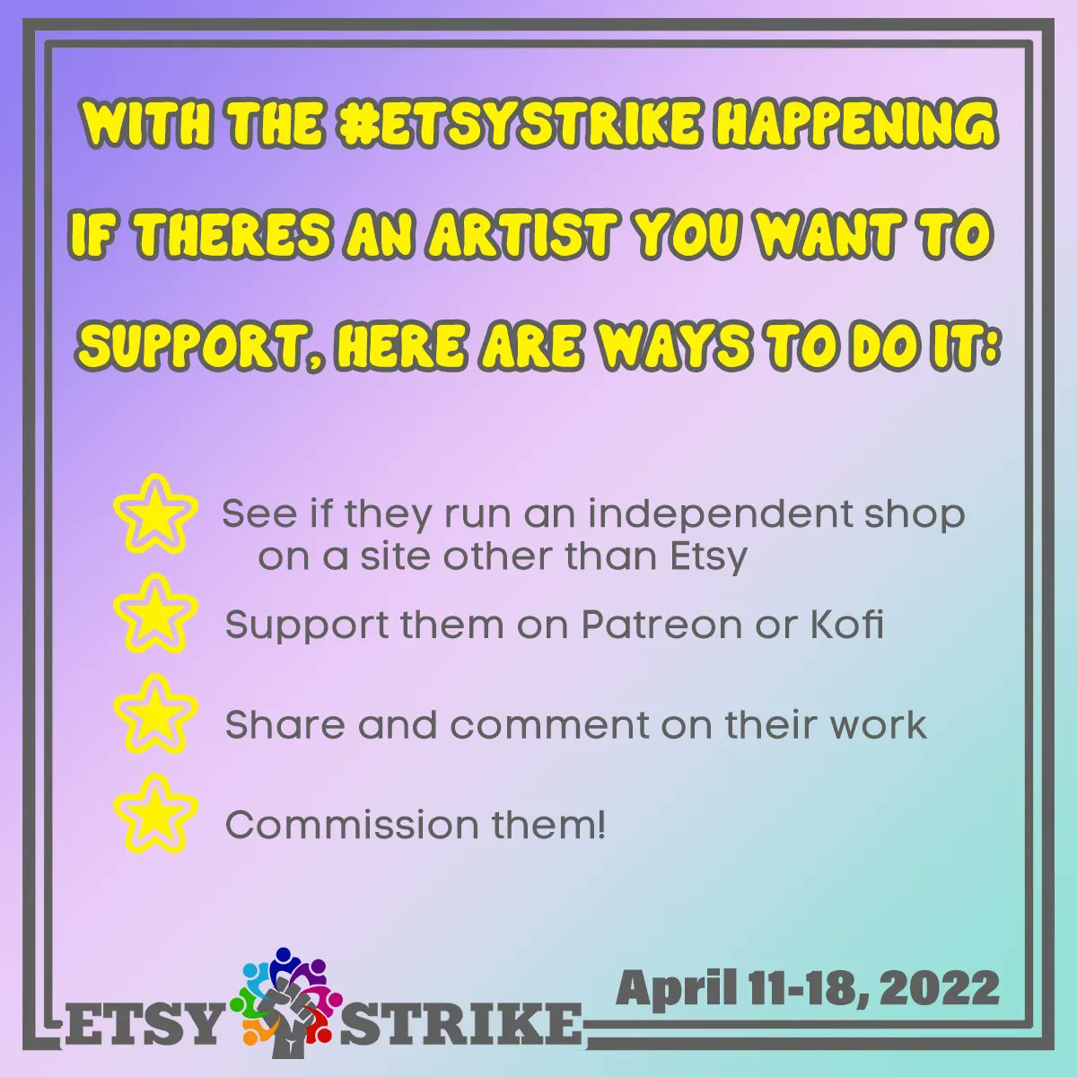 IndieSellersGld's tweet photo. How to support artists during the strike!  Photo by @leftielori #handmadesolidarity #etsyseller #actuallystandwithsmall https://t.co/e0dNzwk8vo