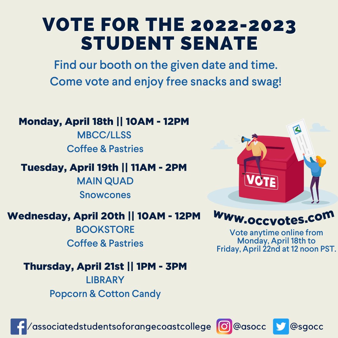 SGOCC's tweet photo. Ahoy, Pirates! Join us for Student Senate Elections. There will be an in-person voting booth on April 18th - 21st. We will be giving away free food, $25 gift cards, and swag!
You can also vote online anytime that week at https://t.co/V5GTX8RJLQ https://t.co/oO79m1a4mB
