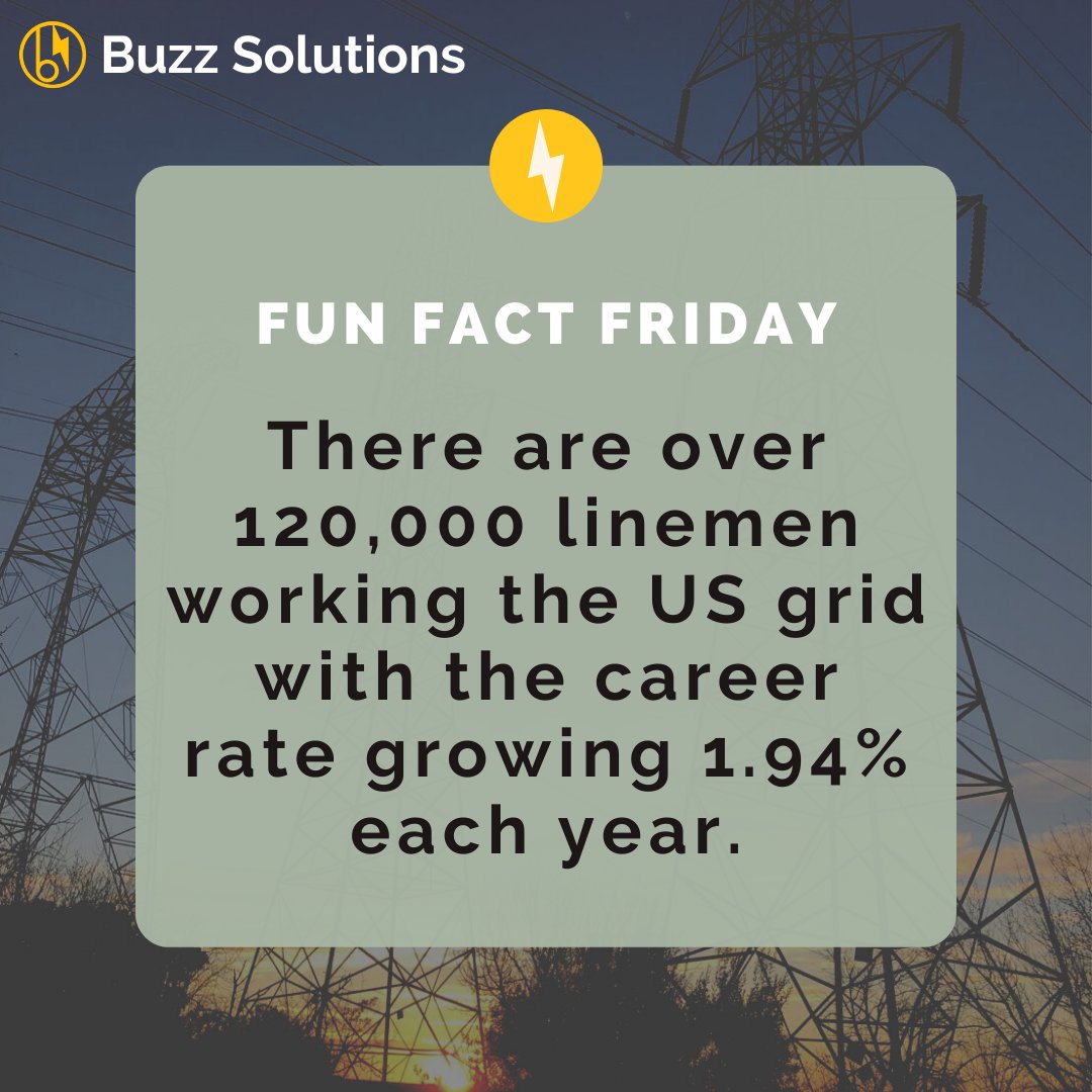 BuzzSolutions1's tweet photo. It's finally #funfactfriday and we hope you enjoy this fun fact! As one of the most dangerous jobs in the US, the work of linemen is incredibly role. We appreciate the work of linemen across the US.

#linemen #gridmaintenance #lineinspections #utilitysector #morebuzztocome https://t.co/96Y4J2d5yG